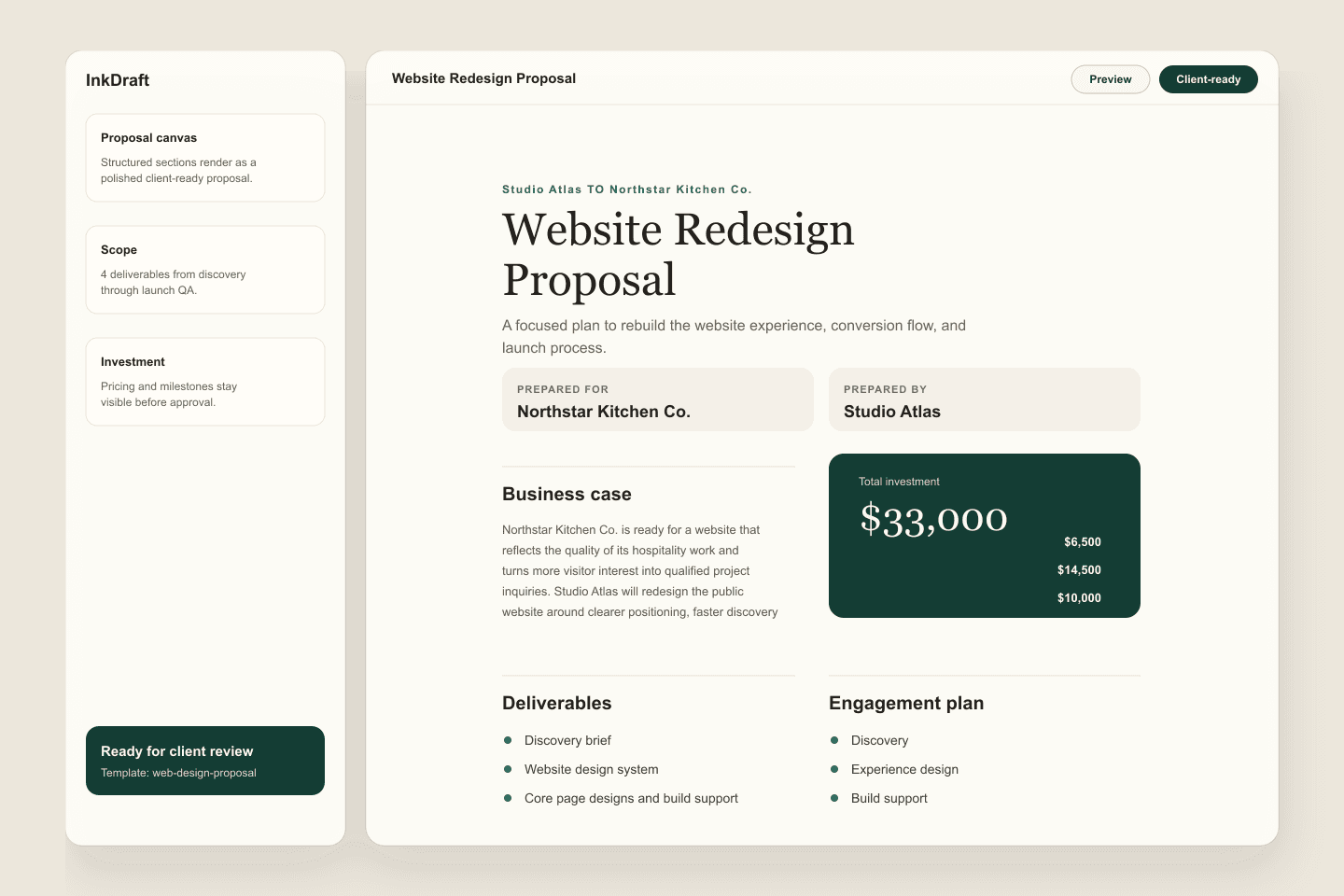 InkDraft proposal canvas showing a web design proposal template with scope, investment, and engagement plan sections.